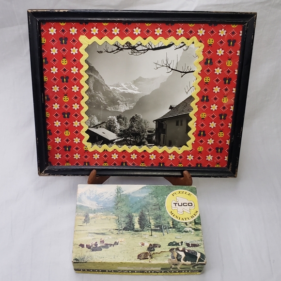 Vintage Framed Photo of the Swiss Alps And Cows In Moutain Pasture Mini Puzzle - Picture 1 of 8